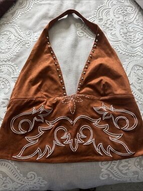 Lucky & Blessed Rust Brown Halter Crop Top with White Embroidery